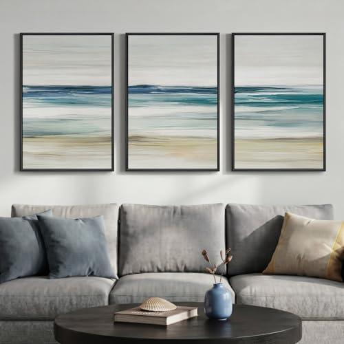 Framed Blue Abstract Coastal Ocean Large Wall Art by Cuspin
