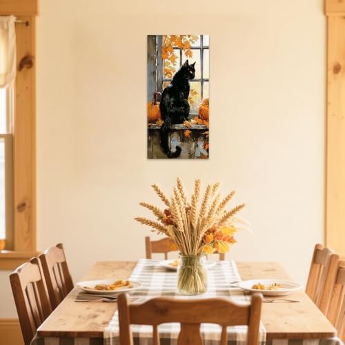 SWQYLB Autumn Pictures Wall Art Black Cat Fall Decor Halloween Animal Canvas - Image 3