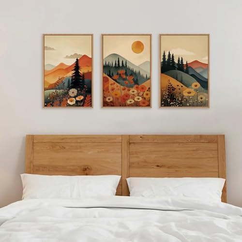 LHIUEM Large Boho Mountain Sunset Framed Canvas Wall Art Set, Pine Tree Flowers - Image 5