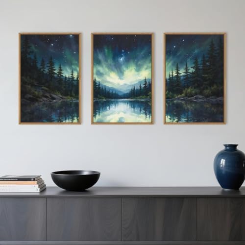 Luminous Northern Lights Forest Lake Framed Canvas Wall Art Set-16"x24"x3 - Image 2