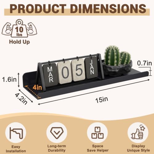 Qukaka 15" Floating Shelves for Wall, 3 Pack Pure Black Display Ledges - Image 3