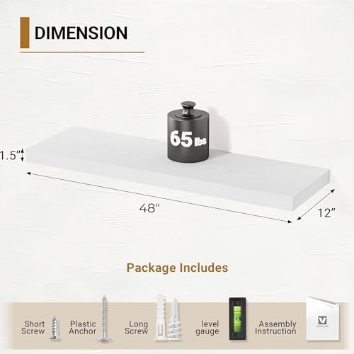 Vivelove 48 Inch White Floating Shelves, 12 Inches Deep Shelves - Image 3