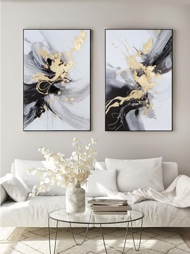 SAFERRYHOME Framed Abstract Black and Gold Modern Wall Art, Large 24"x36"x2 - Image 2
