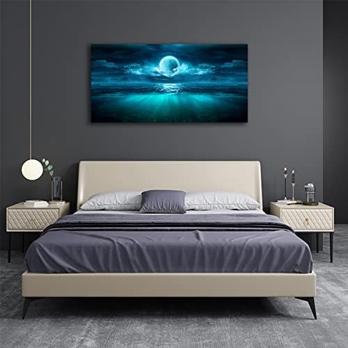 Full Moon Ocean Waves Wall Art Moon Night Canvas Pictures Dark Teal Blue - Image 3