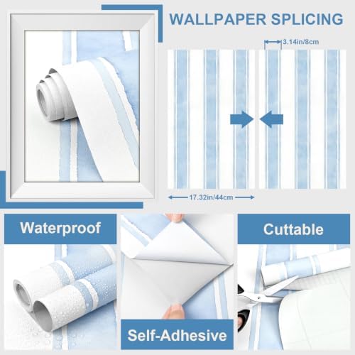 17.3" x 480" Watercolor Blue Striped Peel and Stick Wallpaper - Image 2