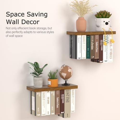 Floating Book Shelves for Wall Set of 2, Unique Wood Hanging Bookshelf - Image 2