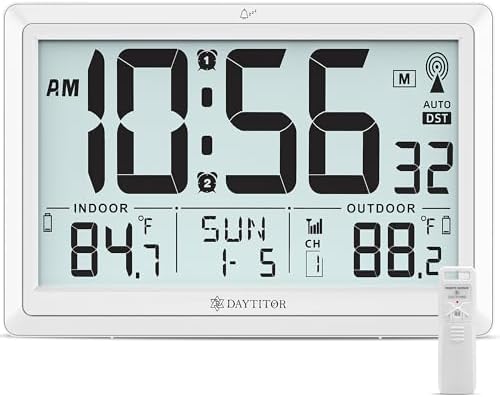 Atomic Clock Wall with Indoor/Outdoor Temp & 10.5" Large LCD Display by DAYTITOR