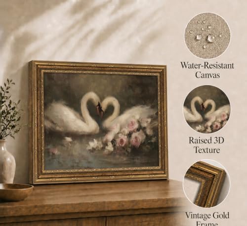 Gold Framed 3D Textured Wall Art, Vintage Rose Swan Canvas Prints, Romantic - Image 2