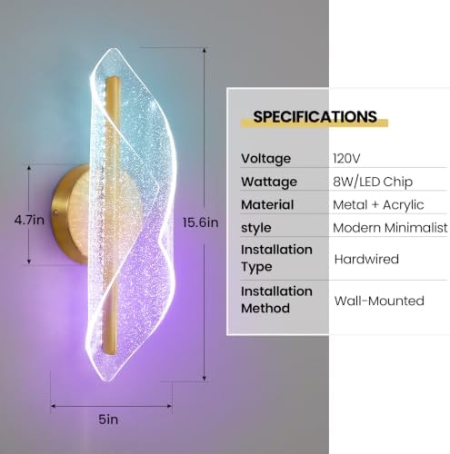RGB Wall Sconces Set of 2, Hardwired Brushed Gold Wall Lights - Image 6