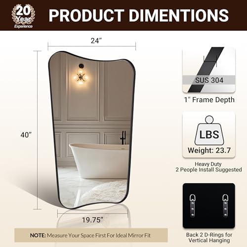 ANDY STAR Matte Black Mirror, 24x40 Inch Bathroom Vanity Mirror, Asymmetrical - Image 2