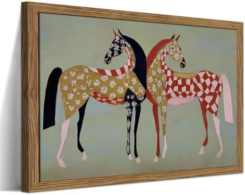 Framed Vintage Horse Canvas Wall Art, Abstract Two Patterned Horses Print by Unknown