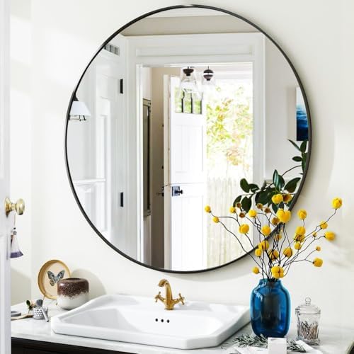 VooBang Black Round Bathroom Mirror 24", Thin Metal Frame Wall Mirror by VooBang