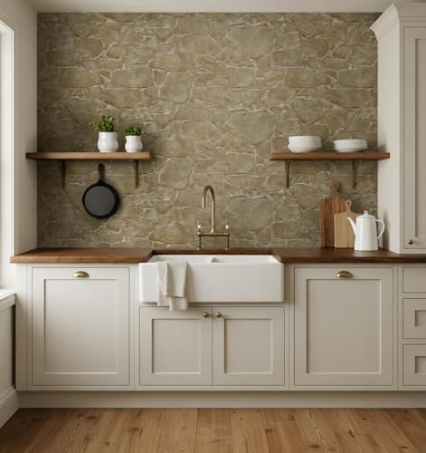 NextWall Harry & Grace Faux Fieldstone Vinyl Peel and Stick Natural Wall - Image 2