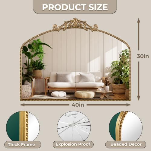 40"x30" Vintage Gold Wall Mirror, Beaded Baroque Mirror - Image 3