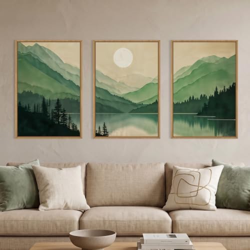 Green Boho Mountain Lake Framed Canvas Wall Art Set-24"x36"x3 by Celestdeco