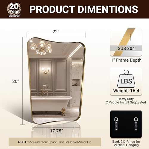 ANDY STAR Gold Vanity Mirror, 22x30 Inch Brushed Gold Bathroom Mirror, Antique - Image 2