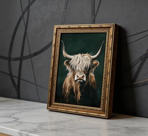 Vintage Gold Framed Canvas Wall Art, Retro Farmhouse Dark Highland Cow Painting - Image 4