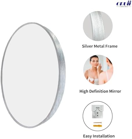 Oruii Round Mirror, 22 inch Silver Circle Mirror, Bruhsed Nickel Metal Frame - Image 2