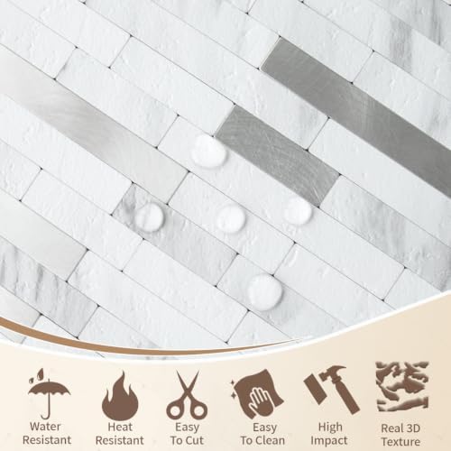 DICOFUN 2 Sheets White Peel and Stick Backsplash Tile, Faux Stone PVC Mixed - Image 3
