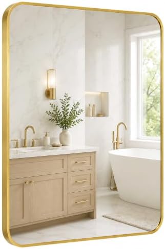 30x36 Inch Brushed Gold Rounded Rectangle Bathroom Vanity Mirror by Pocetry
