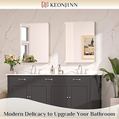Keonjinn 28 x 36 Inch Brushed Nickel Bathroom Mirror, Tempered Glass - Image 2