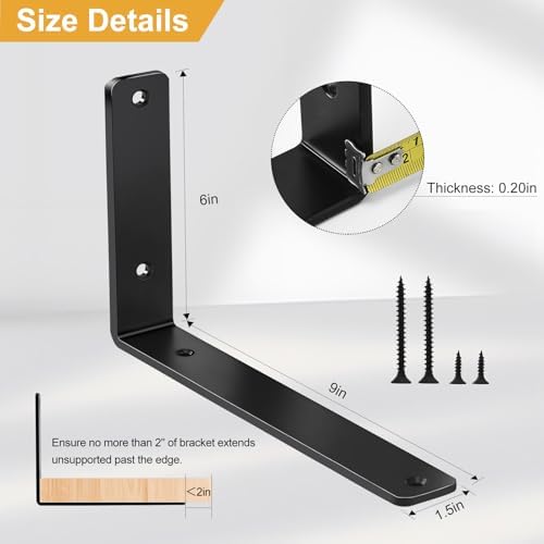 12 Pack - L 9" x H 6" x W1.5, 5mm Thick Black L Shelf Bracket, Iron Shelf - Image 2