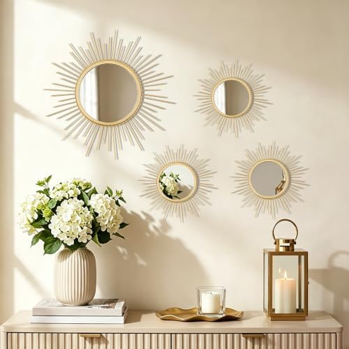 4 Pieces Gold Sunburst Wall Mirror Set Modern Metal Circles - Image 5