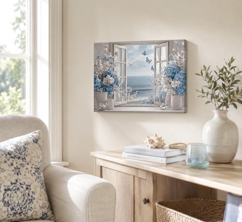 Birnsen Coastal Bathroom Flower Canvas Wall Art Blue Hydrangea Fake Window - Image 7