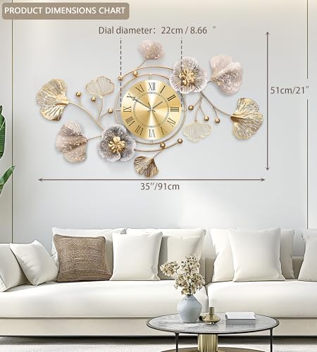 36" Modern Farmhouse Large Decorative Wall Clock, Ginkgo Metal Art - Image 2