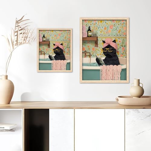 ICHZUMW Framed Funny Black Cat in Bathtub Canvas Bathroom Wall Art 12x16 In - Image 6