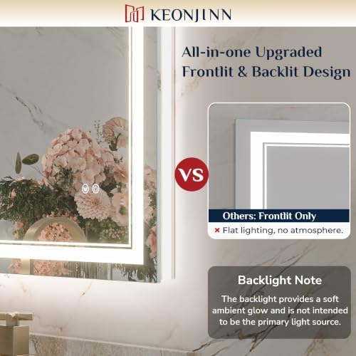 Keonjinn LED Mirror for Bathroom 24" x 36", Front & Backlit, Tempered Glass - Image 3