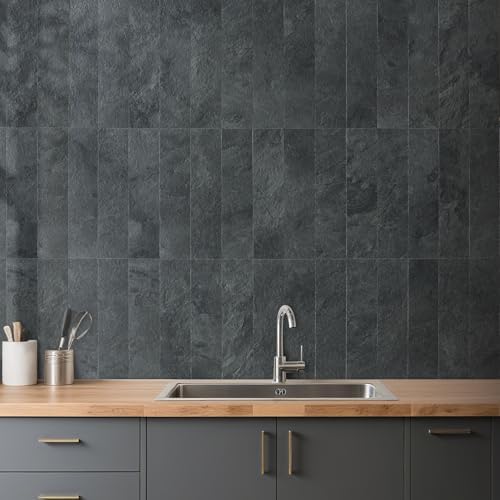 AULIGET 40-Piece Black Slate Peel and Stick Backsplash Wall Tiles, Laundry Room - Image 5