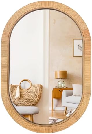 20x30 Oval Rattan Mirror for Wall, Boho Decorative Mirror for Bathroom Vanity by inoseen