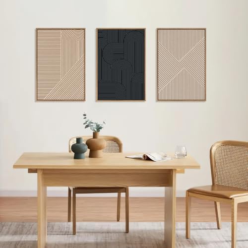 LHIUEM Large Abstract Textured Line Framed Canvas Wall Art, Boho Beige Black - Image 3