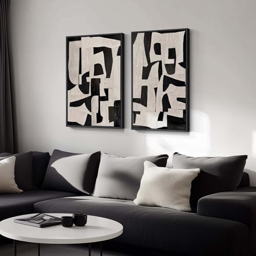 Large Framed Black and Beige Abstract Wall Art, Modern Art Prints Pictures - Image 2
