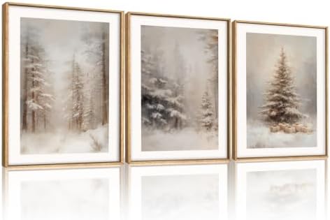 Vintage Christmas Tree Snowy Woodland Framed Canvas Wall Art Set-12"x16"x3 - Image 5