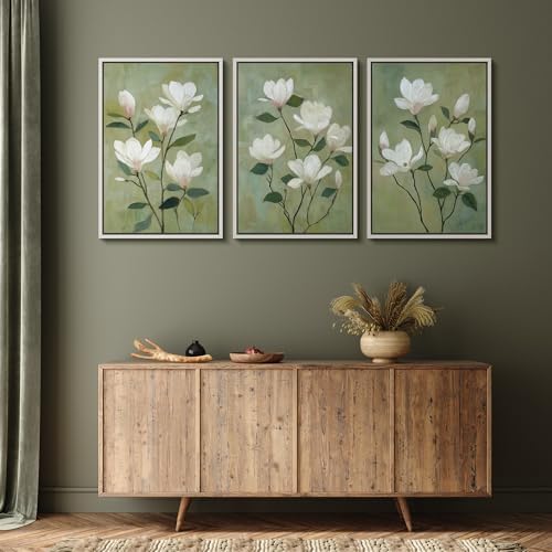 MUDECOR Framed Canvas Print Wall Art White Magnolia Floral Soft Green Botanical - Image 5