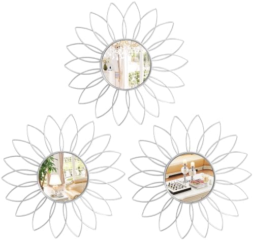 3 Pack Metal Mirrors for Wall Sunburst Wall Mirror Silver Wall Art Décor by Uaussi
