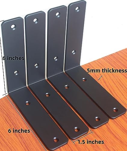 8 Pack - L 6" x H 6" x W1.5, 5mm Thick Black L Shelf Bracket, Iron Shelf - Image 2