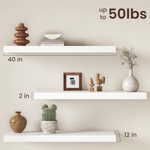 40Inch White Floating Shelves for Wall, 12 Inch Deep Shelves for Bedroom - Image 2