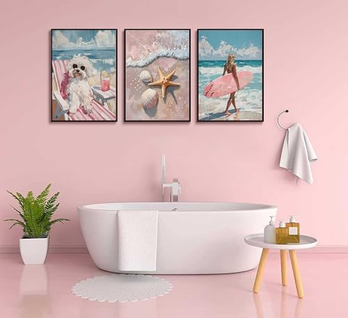 Uofnvrji 3Pcs Pink Beach Preppy Wall art Retro Beach seashell and starfish - Image 7