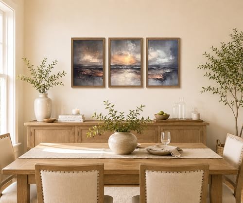 Framed Moody Coastal Sunset Ocean Landscape Canvas Wall Art Set of 3 - Image 6