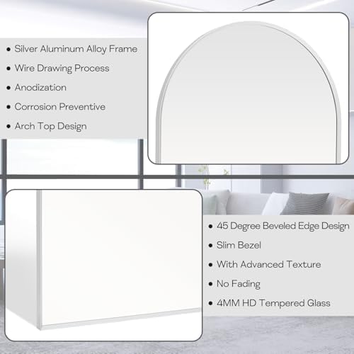 Silver Arched Mirror 24x36in, Metal Framed Bathroom Vanity Wall - Image 4