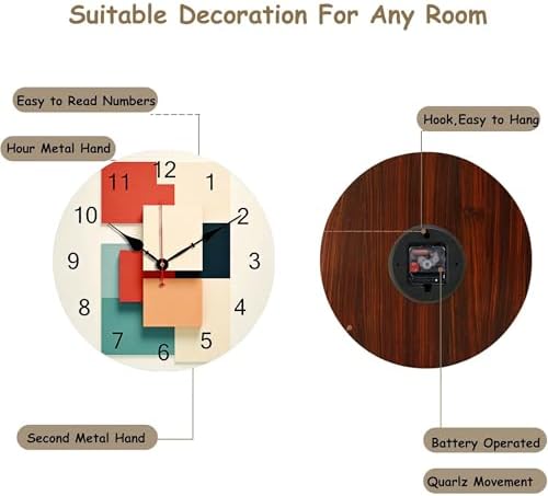12 Inch Wooden Wall Clocks, Silent Non-Ticking Battery Operated - Image 2