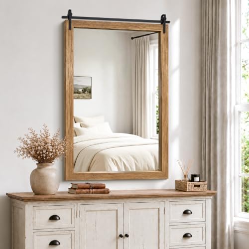 Farmhouse Bathroom Vanity Mirror, 48”x 30” Wood Barn Door Mirror, Light Brown - Image 5