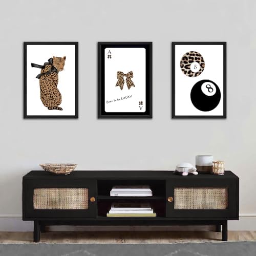 Set of 3 Trendy 8 Ball Leopard Wall Art Ace Card Bow Wall Decor Pictures Funky - Image 5