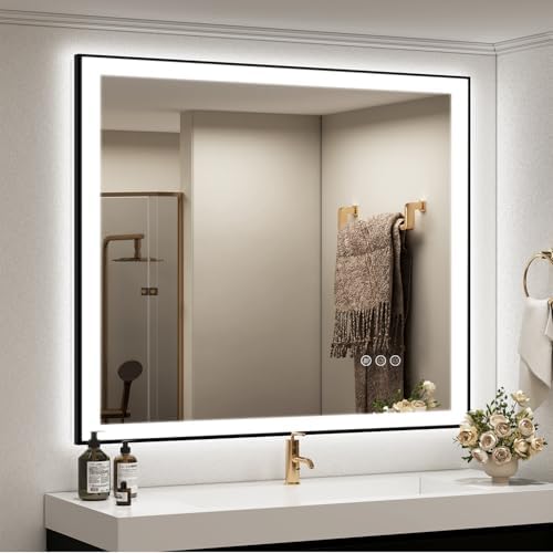 SMIROR 40x38 Black Framed LED Lighted Bathroom Vanity Mirror by SMIROR