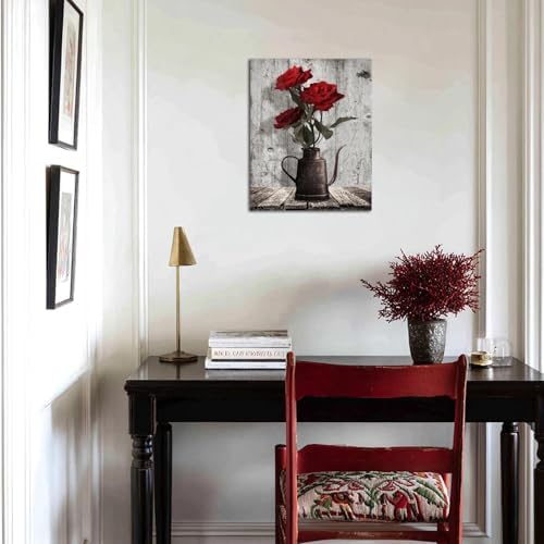 Red Rose Canvas Wall Art: Rustic Black Grey Flower Framed Bedroom Decor - Image 2