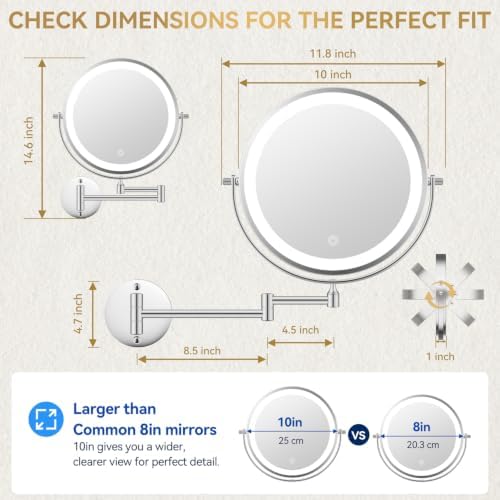 Auxmir 10″ 5000mAh 1X/30X Wall Mounted Lighted Magnifying Makeup Mirror - Image 2