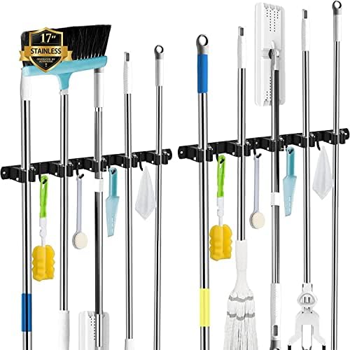 2 Pack Black Broom Holder Wall Mount, 5 Racks 4 Hooks Mop and Broom Holder by AceMining